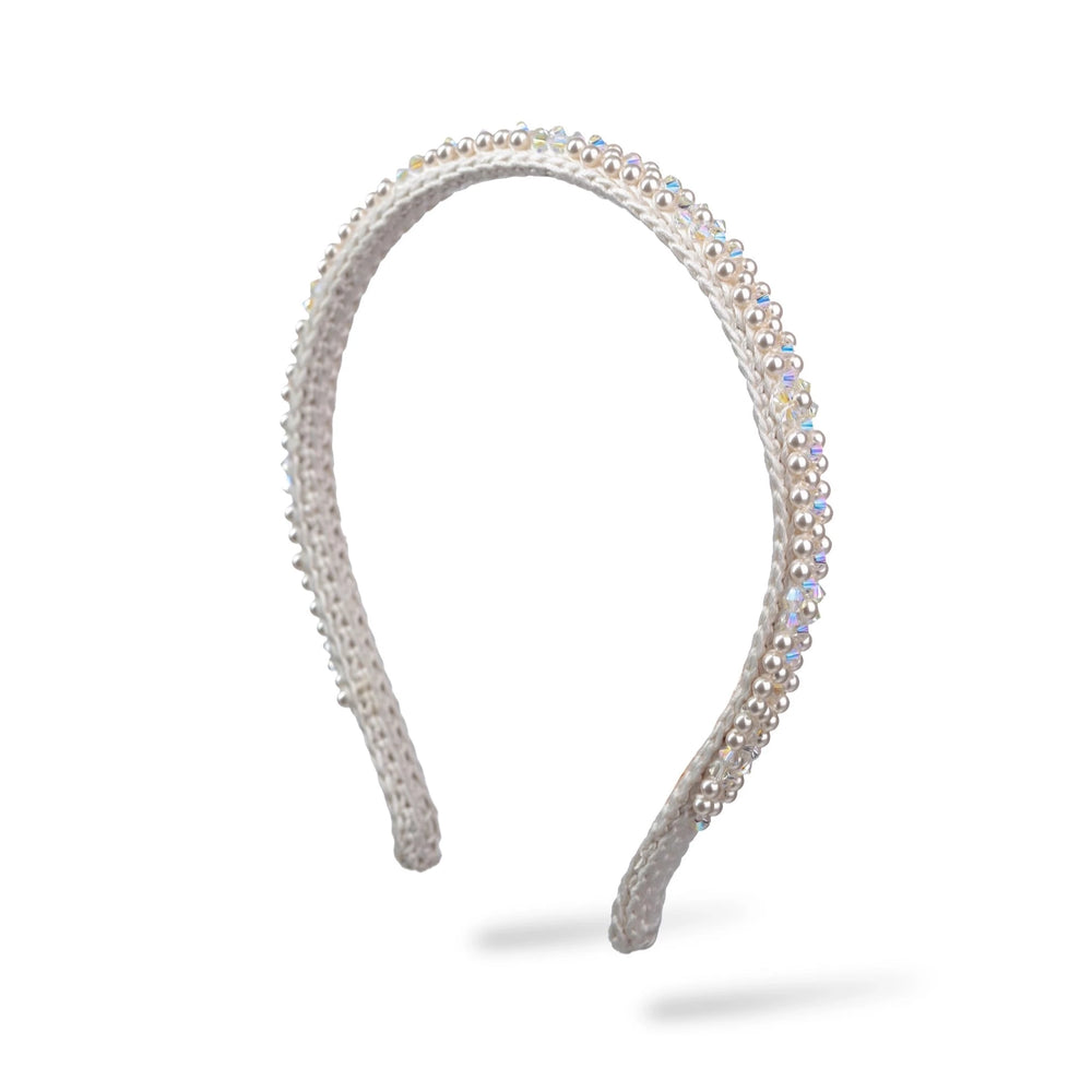 Malkiele designer, bridal white silk knit headband for woman, embellished with white crystals from Swarovski®, premium and sustainable, name Victorious.