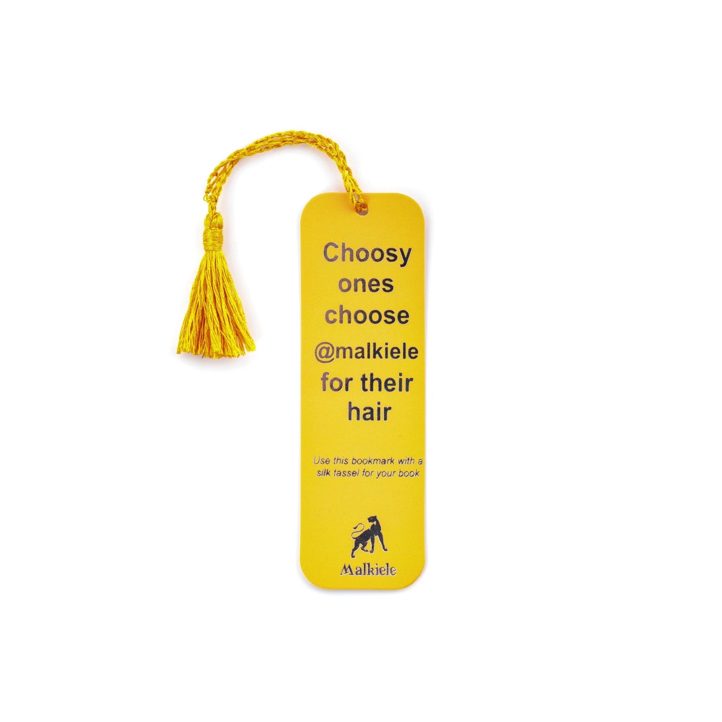 Malkiele designer, yellow bookmark, with silver logo and text, embellished with yellow silk tassel, premium and sustainable, name Witty.