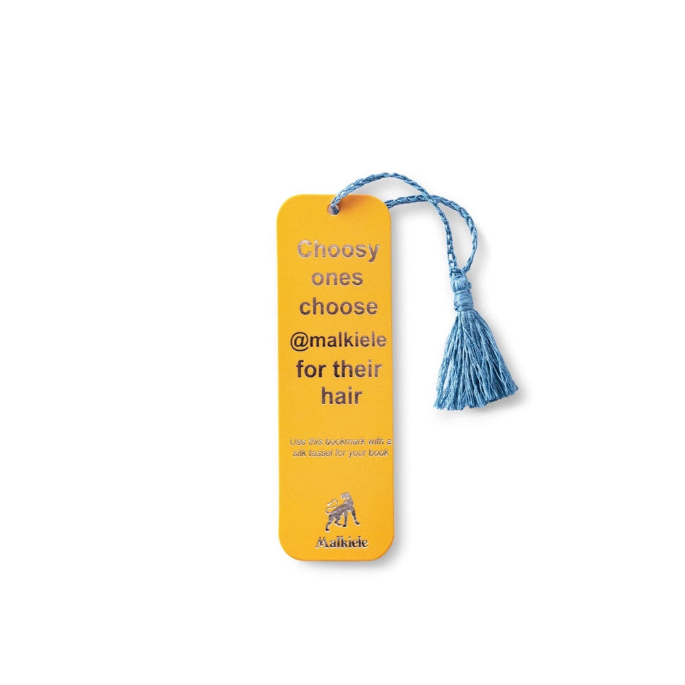 Malkiele designer, yellow bookmark, with silver logo and text, embellished with a light blue silk tassel, premium and sustainable, name Witty.